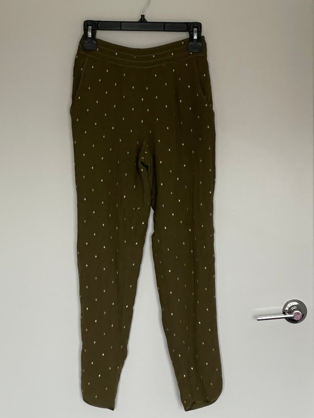 Anthropologie Elevenses Olive Green with Satin Trim and Gold Embroidery Pants 2